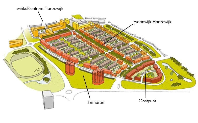 Plankaart van Hanzewijk in Kampen met winkelcentrum, woonwijk, Oostpunt en Trimaran